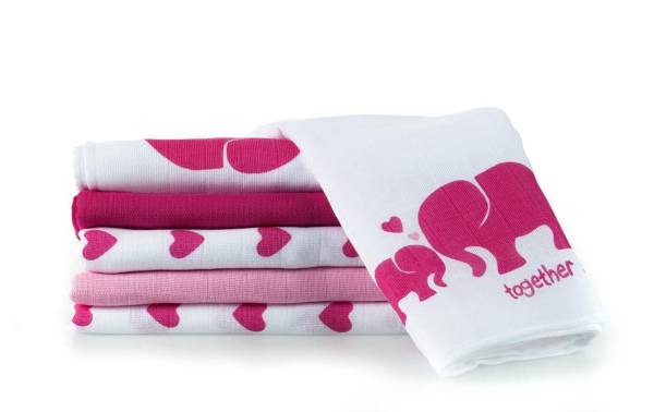 MAKIAN Mulltuch 6-er Set 80 x 80 cm Pink und Weiss Elefant, Herz