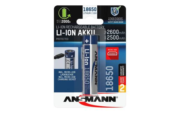 ANSMANN Li-Ion Akku 18650 mit Micro-USB Kupplung, 2.600 mAh