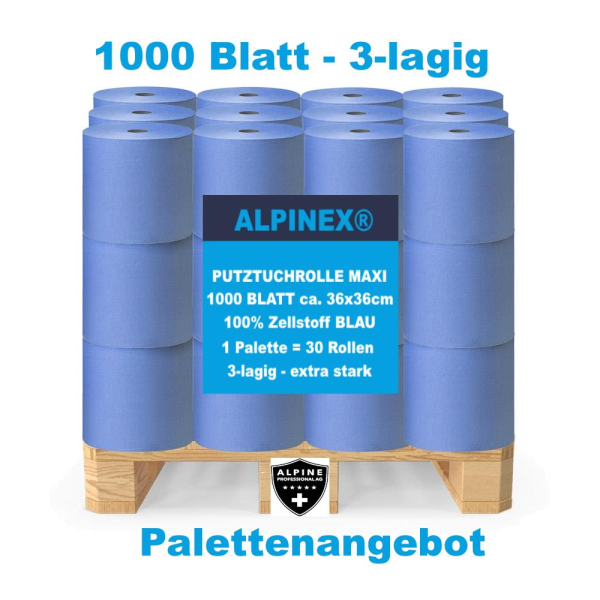 Palette 1000 Blatt Putztuchrolle Blau 3-lagig 36×36 cm 30 Stück