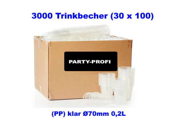 3000x Trinkbecher (PP) klar Ø70mm 0,2L – 30×100 Stück