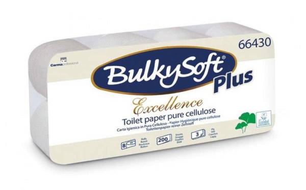 WC Papier Bulkysoft Excellence, 3-lagig, weiss, 200 Blatt 9,5x11,5cm, Sack à 96 Rollen
