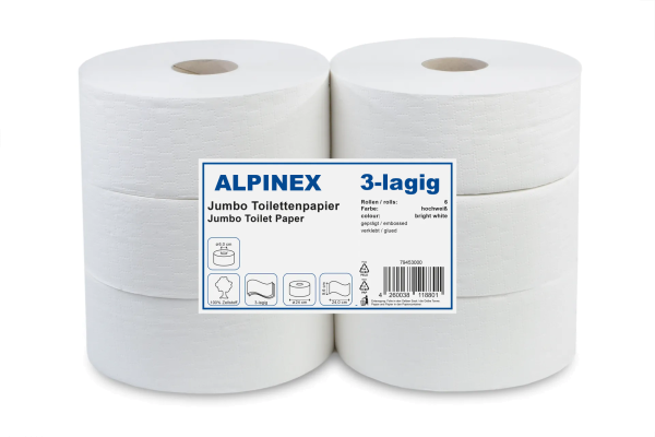 Jumbo-Toilettenpapier 3-lagig, Zellstoff weiss, Ø24 cm 100% Zellstoff