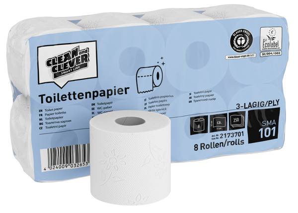 CLEAN and CLEVER Toilettenpapier Kleinrollen SMA 101, Recycling, 3-lagig, Sack à 64 Rollen