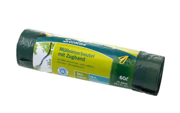 Secolan Mülleimerbeutel, mit Zugband, grün, 60 Liter