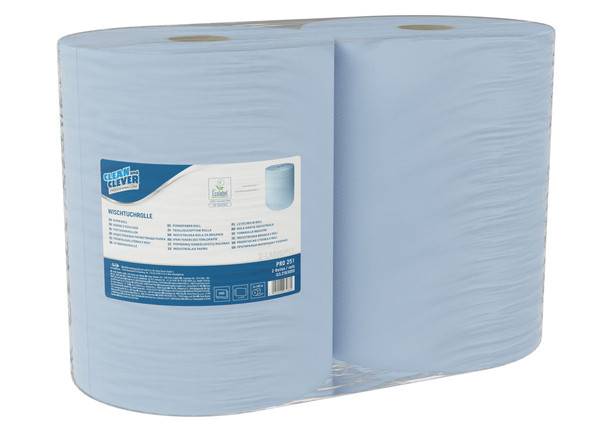 CLEAN and CLEVER Wischtuchrolle Maxi PRO 251, Recycling, 2-lagig, blau, Pack à 2 Rollen