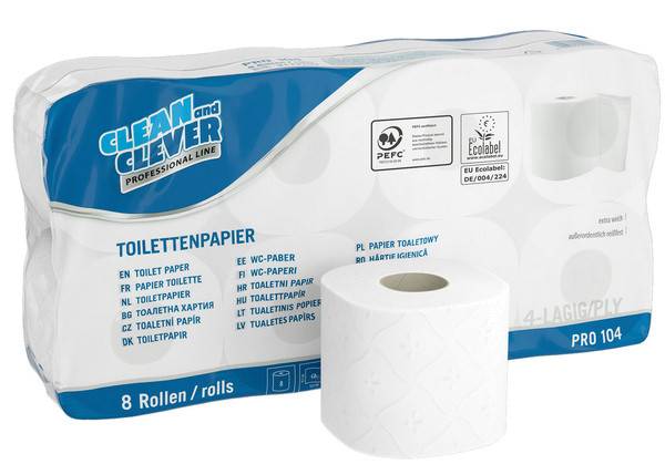 CLEAN and CLEVER Toilettenpapier Kleinrollen PRO 104, Zellstoff, 4-lagig, Sack à 72 Rollen