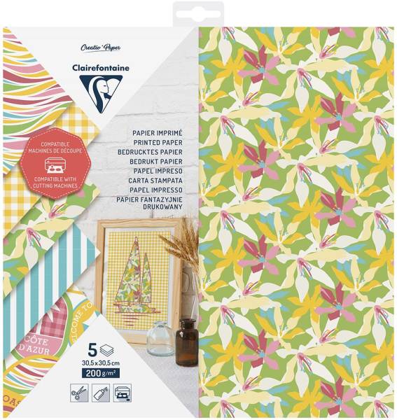 CLAIREFONTAINE Schneidepapier 30.5×30.5cm 95740C bedruckt, 200g 5 Blatt