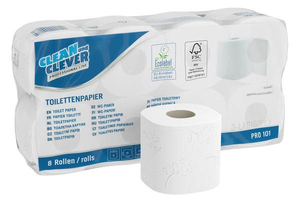 CLEAN and CLEVER Toilettenpapier Kleinrollen Pro 101, Zellstoffmix, 3-lagig, Sack à 64 Rollen