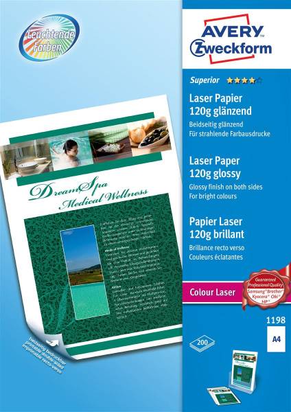 Laser Fotopapier A4 120g, weiss 200 Blatt AVERY ZW. 1198Z