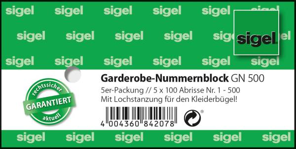Garderobe-Nummernblock num.1-500,2fbg,sort,5x100 BL SIGEL GN500