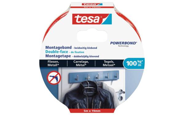 tesa Powerbond Montageband für Fliesen/Metall, 19 mm x 5,0 m
