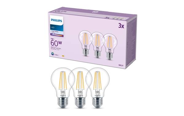 Philips Lampe (60W), 7W, E27, Neutralweiss, 3 Stück