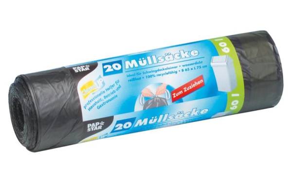 PAPSTAR Mülleimerbeutel LDPE, mit Zugband, 60 Liter, grau