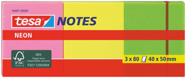 Neon Notes 40x50mm 3 Farben ass. 3x80 Blatt TESA 560010000