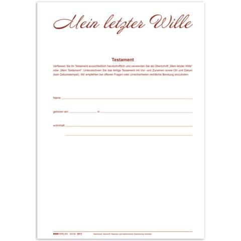 RNK Verlag Vordruck Testament "Mein letzter Wille"