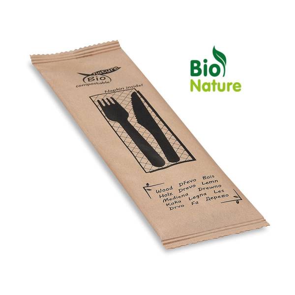 Bio Holzbesteck-Set Messer + Gabel + Serviette 3-Teilig Pack