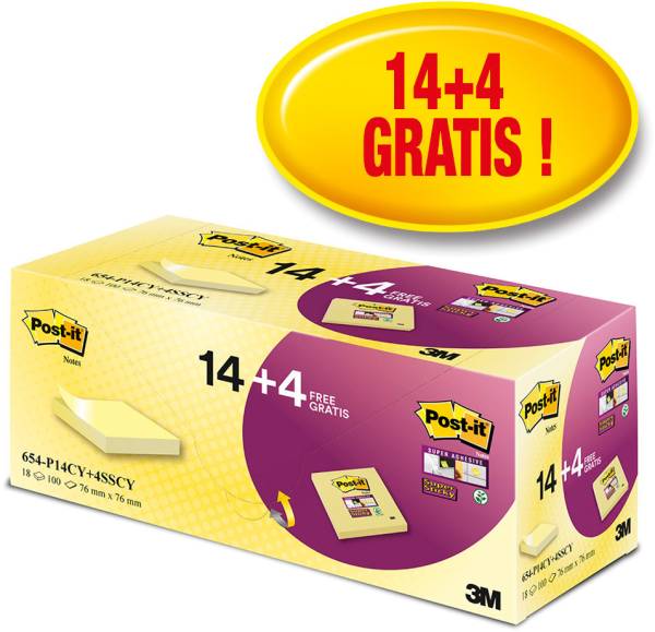 Notes Promo Pack 77x76mm canary yellow 14+4 POST-IT 654P14CY+