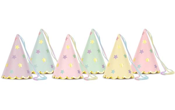 Partydeco Partyhüte Sterne pastellfarbig, 14.5 x 10 cm, 6 Stück