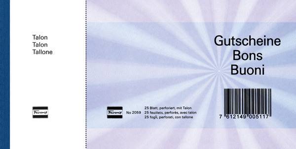 Geschenk-Gutscheine D/F/I blau,20.5x10.5cm,Block a 25Bl. FAVORIT 2059blau