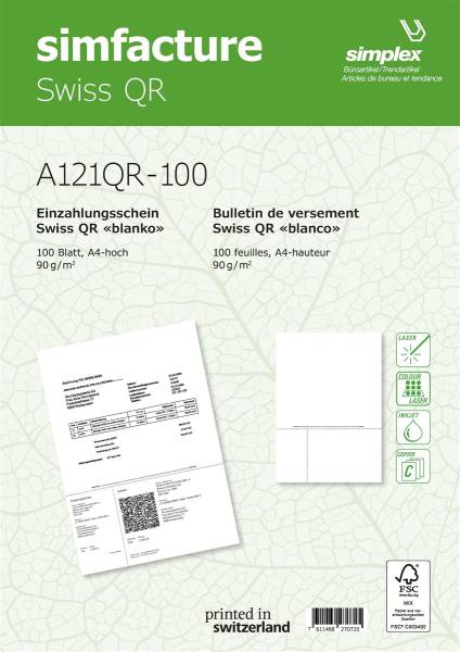 Simfacture Swiss QR FSCA4 univ.perforiert,90g 100 Blatt SIMPLEX A121QR-10