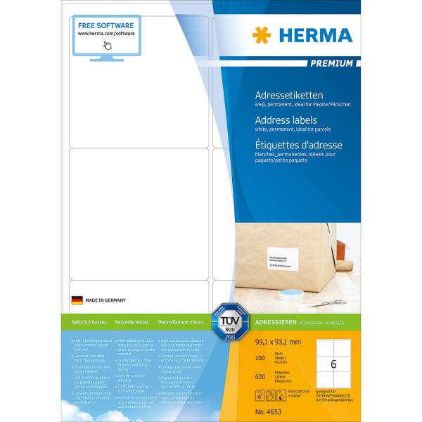 Adress-Etiketten 99x93mm weiss, permanent 100 Stück HERMA 4653