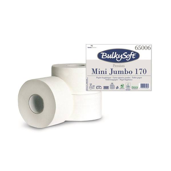 WC-Papier Minijumbo Bulkysoft Premium weiss, 2-lagig 9x35cm, 170m, 485Cps Zellstoff ,Ø 19cm-12 Stück