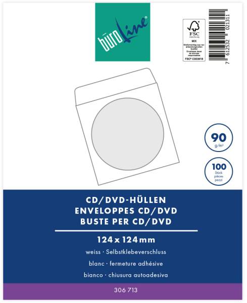 CD/DVD-Hüllen 124x124mm weiss, 90g 100 Stück BÜROLINE 107955