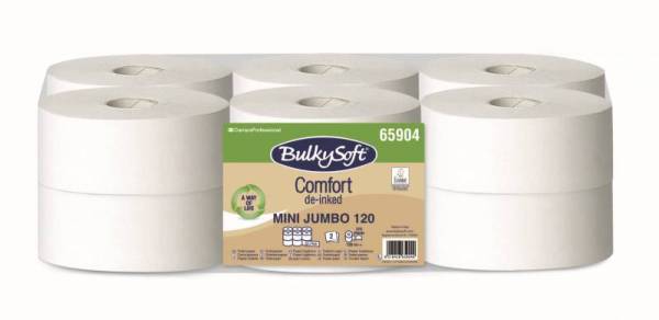 Toilettenpapier Mini Jumbo Bulkysoft, 2-lagig weiss, Recycling, 315cps, 9x38cm,119,7m, Sack à 12 Rol