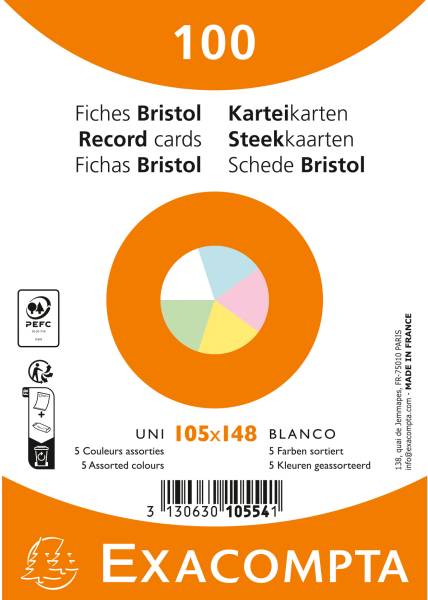 BIELLA Karteikarten blanco A6 10554E farbig assortiert 100 Stück
