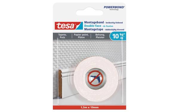 tesa Powerbond Montageband für Tapete/Putz, 19 mm x 1,5 m