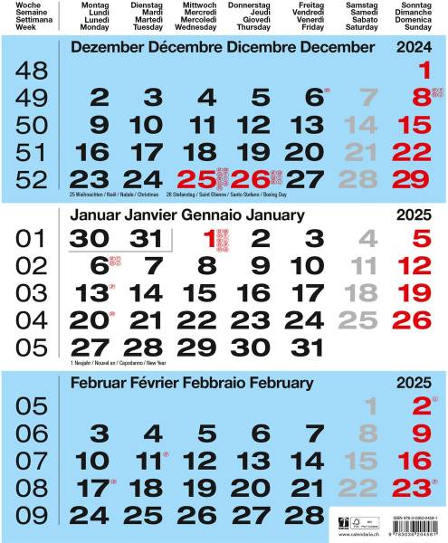 CALENDARIA 3-Monats-Wandkalender 2025 783036204581 blau 31x40cm