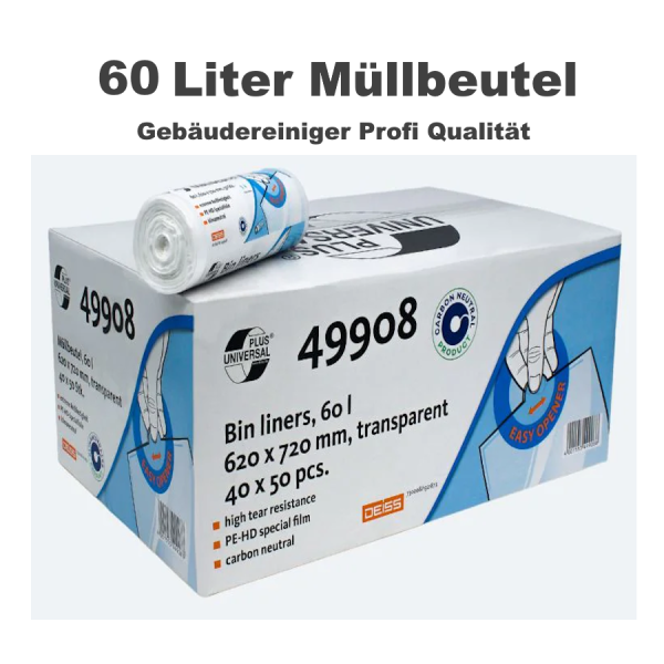 2000 DEISS Universal Plus® Müllbeutel 60 Liter HDPE 620×720 mm Transparent