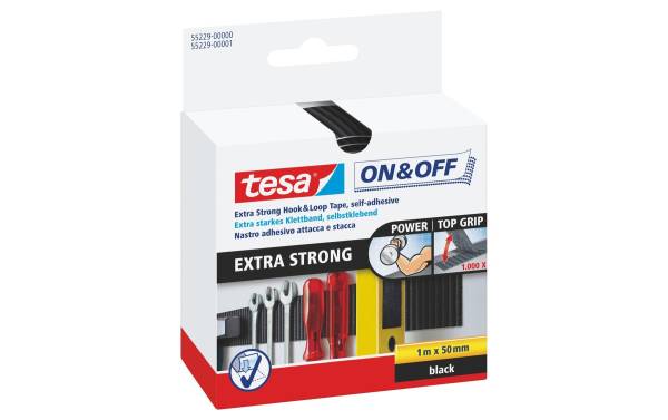 tesa On & Off Klettband Extra Strong, 50 mm x 1 m, schwarz