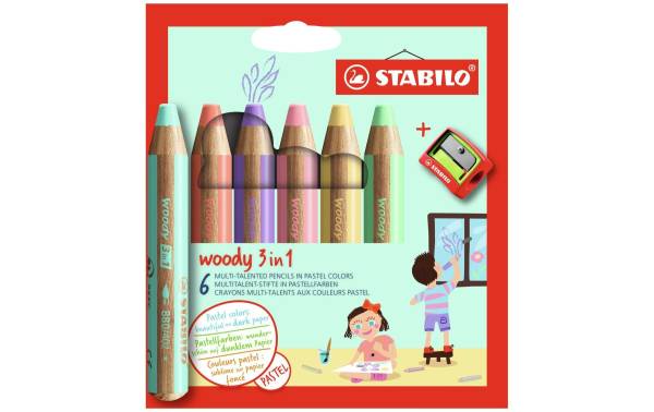 Farbstifte woody 3in1 Pastell, Etui 6 Stück STABILO 8806-3