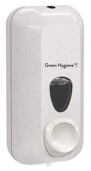 Green Hygiene® DRÜCKEBERGER Flüssigseifenspender aus recyceltem Plastik und Holzresten, weiss