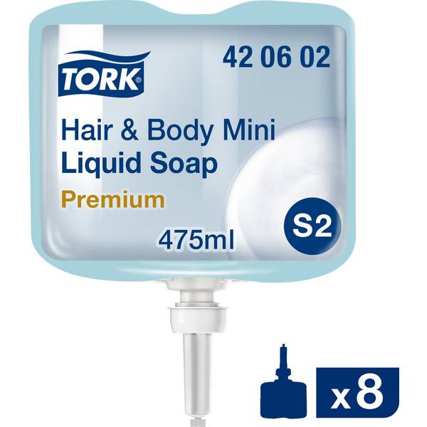 TORK 420602 Hair &amp; Body Mini Flüssigseife Hellblau S2 - Karton à 8 Patronen
