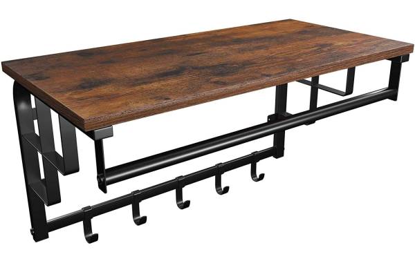 VASAGLE Wandregal mit Haken und Stange, Holz/Metall