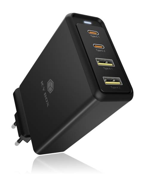 BOX 4-port wall charger with PD, USB-C&amp;A, 100W black ICY IB-PS104-