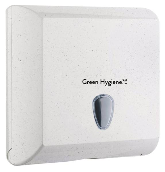 Green Hygiene® HOCHSTAPLER V-Falz-Papierspender aus recyceltem Plastik und Holzresten, weiss