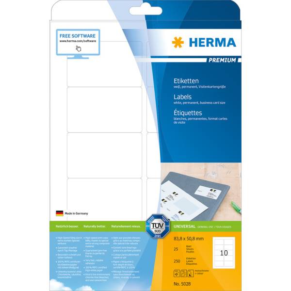 Etiketten Visitenkartengrösse weiss, 250 Stück/ 10 Blatt HERMA 5028