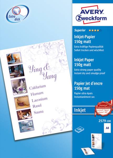 InkJet-Papier A4 150g, weiss 100 Blatt AVERY ZW. 2579-100