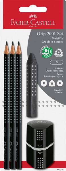 FABER-CASTELL Bleistift, Radierer, Spitzer B 580024 Grip Set 2001, schwarz