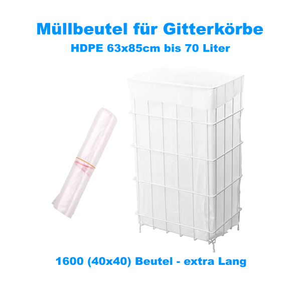1600x Mülleimerbeutel (HDPE) ECONOMY weiß 63 x 85 cm 70L `L+` – 40×40 Stück
