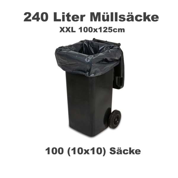 100x Müllsack (LDPE) schwarz 100 x 125 cm 240L – 10×10 Stück