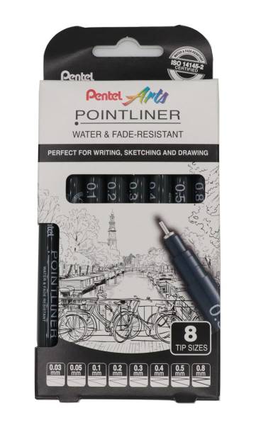 PENTEL Fineliner Pigment max. 0.8mm YS20P-8 POINTLINER, schwarz 8 Stück