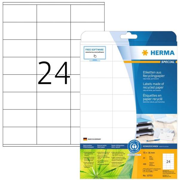 HERMA Universal-Etiketten Recycling, 70 x 36 mm, 20 Blatt