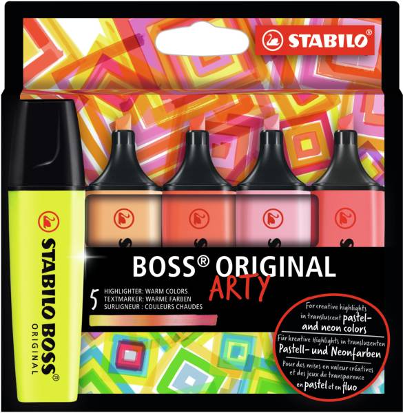 Textmarker BOSS ARTY Warme Farben, Etui 5 Stück STABILO 70/5-02-1