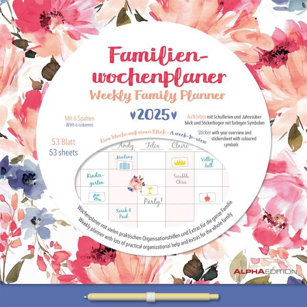 ALPHA EDITION Familienplaner 2025 104437 Flowers 30.5×30.5cm
