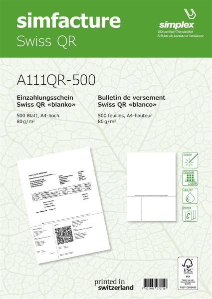 Simfacture Swiss QR FSCA4 univ.perforiert, 80g 500 Blatt SIMPLEX A111QR-50