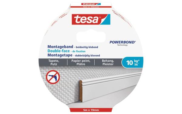 tesa Powerbond Montageband für Tapete/Putz, 19 mm x 5,0 m